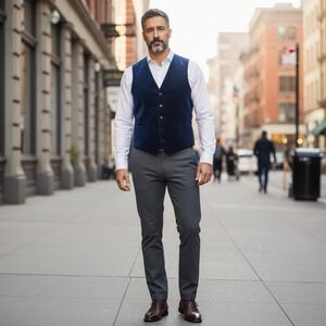 Marc Darcy velvet lapel two-pocket smart formal waistcoat in‎ blue 44R